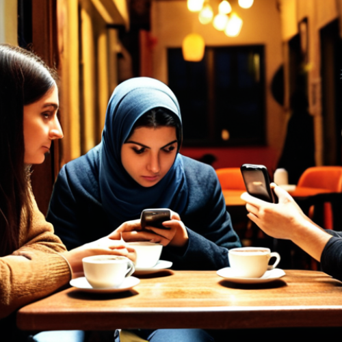 Distracted at the Cafe**

Prompt: "A group of friends at a cozy Istanbul cafe, but everyone is engrossed in their smartphones instead of talking to each other. Turkish coffee cups on the table. A slight sense of isolation. Warm lighting."

**